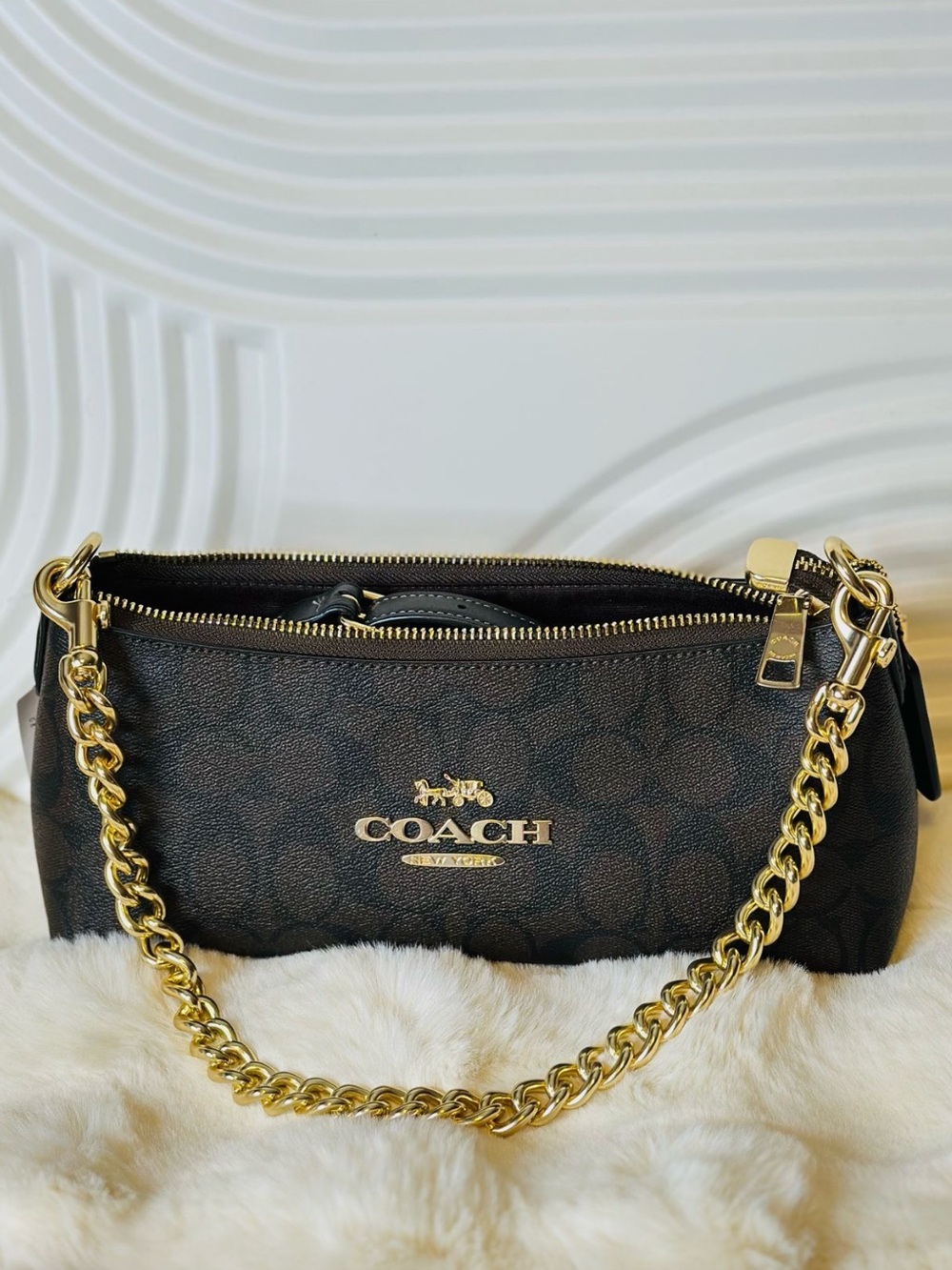 COACH Brown Signature Small Shoulder Bag with Gold Chain
